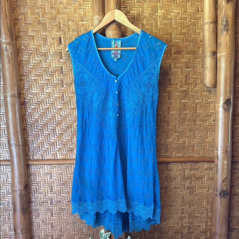 Johnny Was Blue Embroidered Eyelet Button-Up Top Tunic small